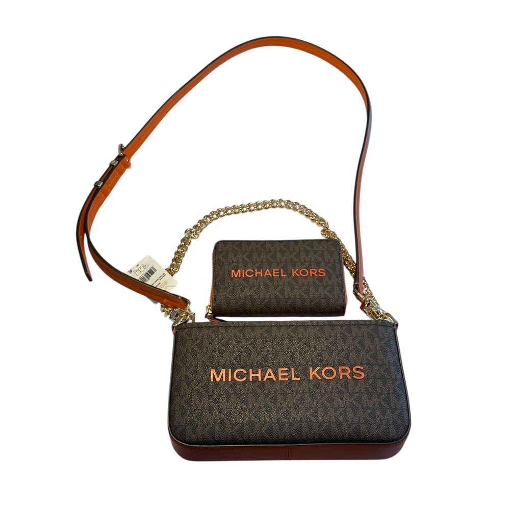 Michael Kors Bryant Brown Orange Monogram Crossbody‎ Pouchette Bag & Wallet NEW - Picture 2 of 6